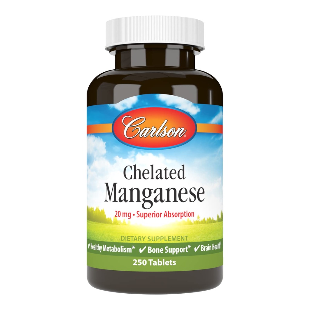 Carlson - Chelated Manganese, 20 mg - Superior Absorpce, Zdravý metabolismus, Podpora kostí a zdraví mozku, 250 tablet