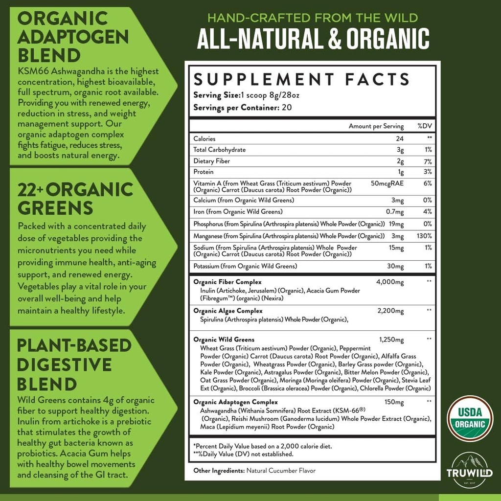 TruWild Greens Superfood Juice Powder, s 22 + Green & Anti- Oxidanty, přírodní imunita, Stres, Podpora trávení Prášek, 90 Služení, 3 balení