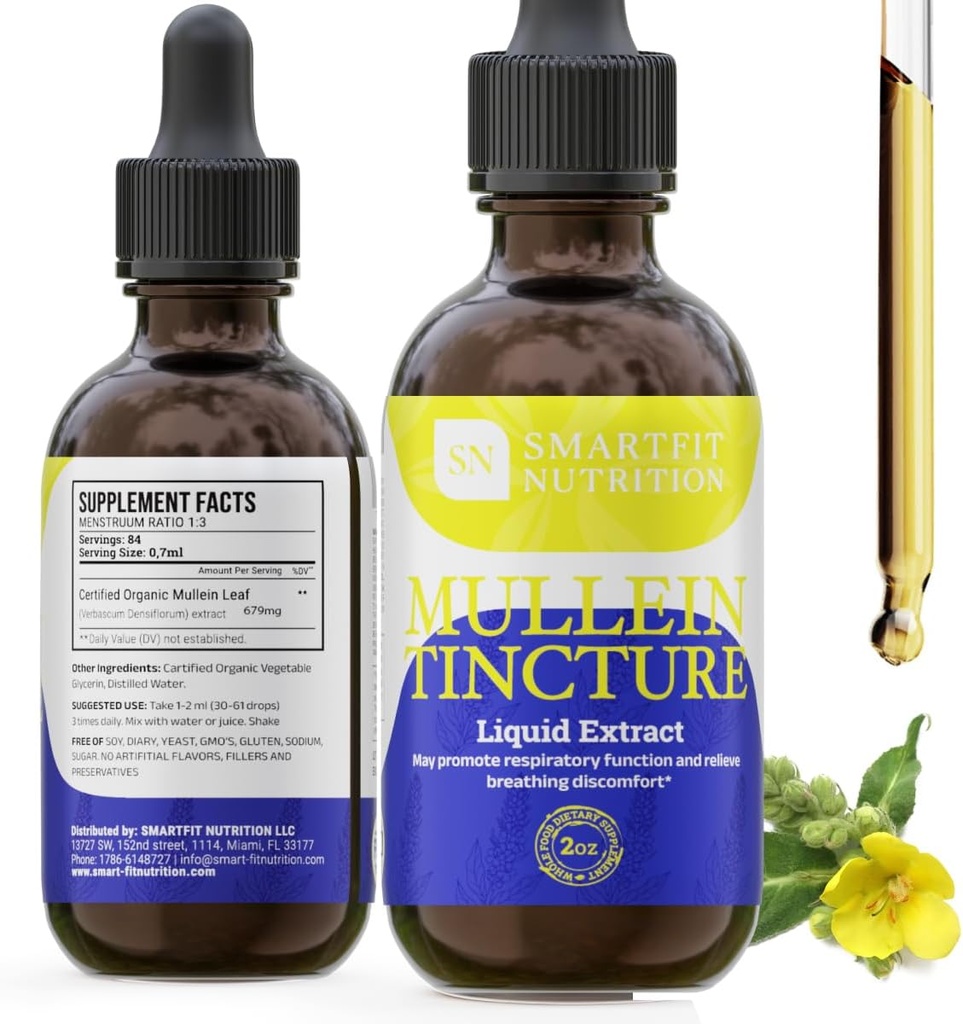 Mullein Leaf Extract - Mullein Drops - Lung Cleanse - Doplněk pro podporu dýchacího systému a zdravé bahno - Verbascum Densiflorum - 2 oz