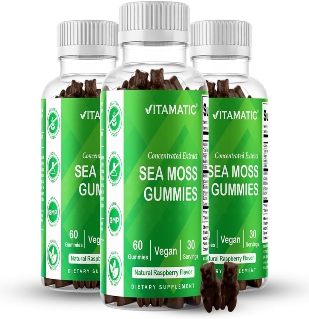 Vitamatic 3 Pack Irish Sea Moss Gummies - 3000mg Ekvivalentní Per Serving (od Extract 132.5 mg) - 60 Ct - Made with Bladderwrack & Burdock Root - Seamoss dodatek pro štítnou žlázu, energie, imunitní podpora