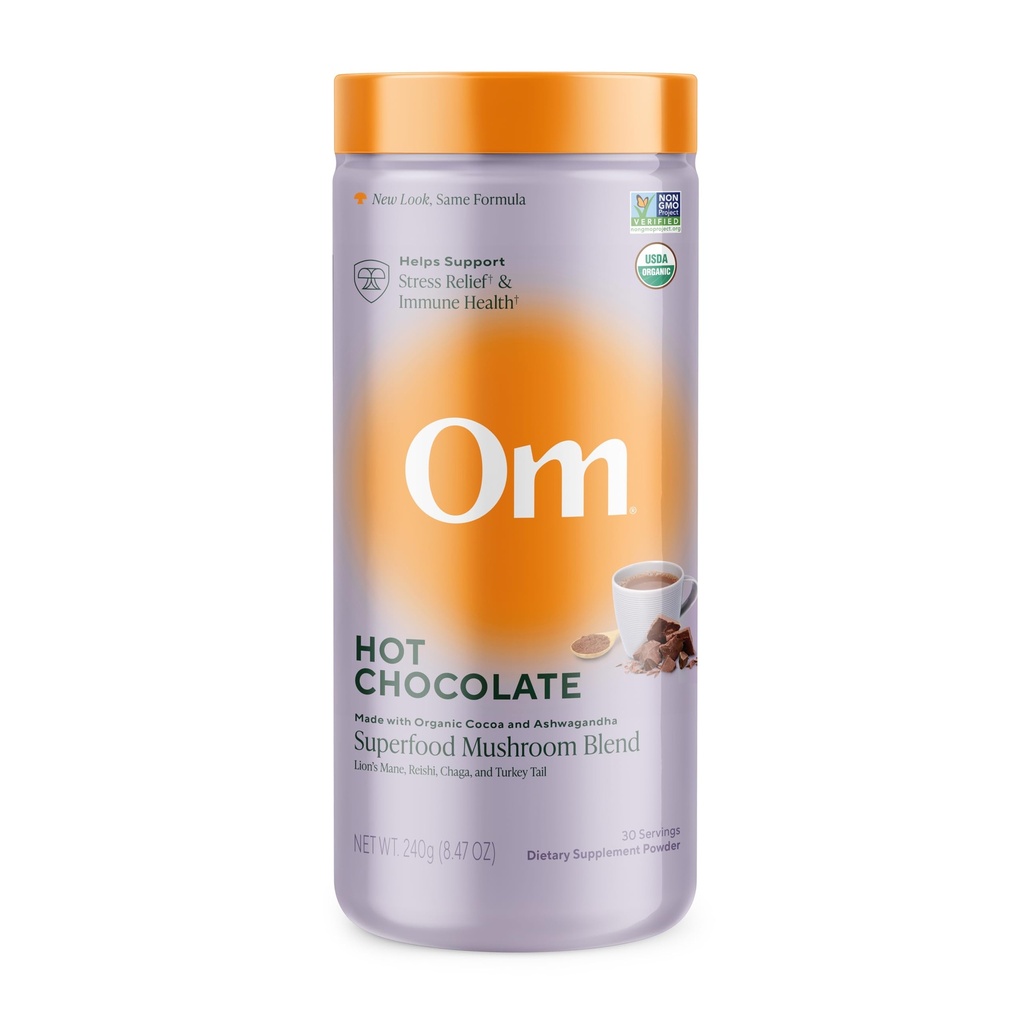 OM MUSHROOM SUPERFOOD Hot Chocolate Blend - Holandská kakaa s lví hřívou, Reishi, Chaga & Turkey Tail - Podporuje soustředění, klid a stres Relief - 2g Cukr, 25 kalorií - 8.47 oz Canister (30 Služeb)