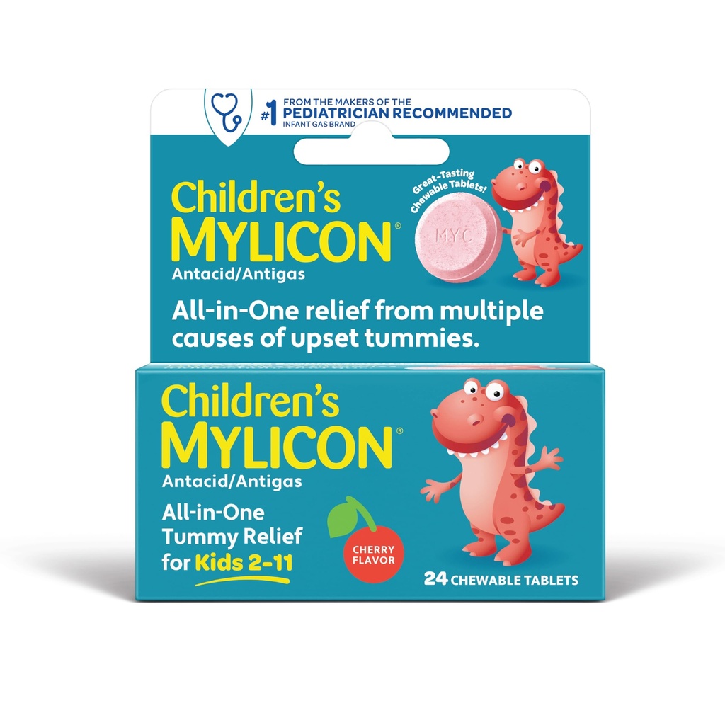 MYLICON Dětské Tummy Relief pro děti, 24 Cherry ochucené žvýkací tablety