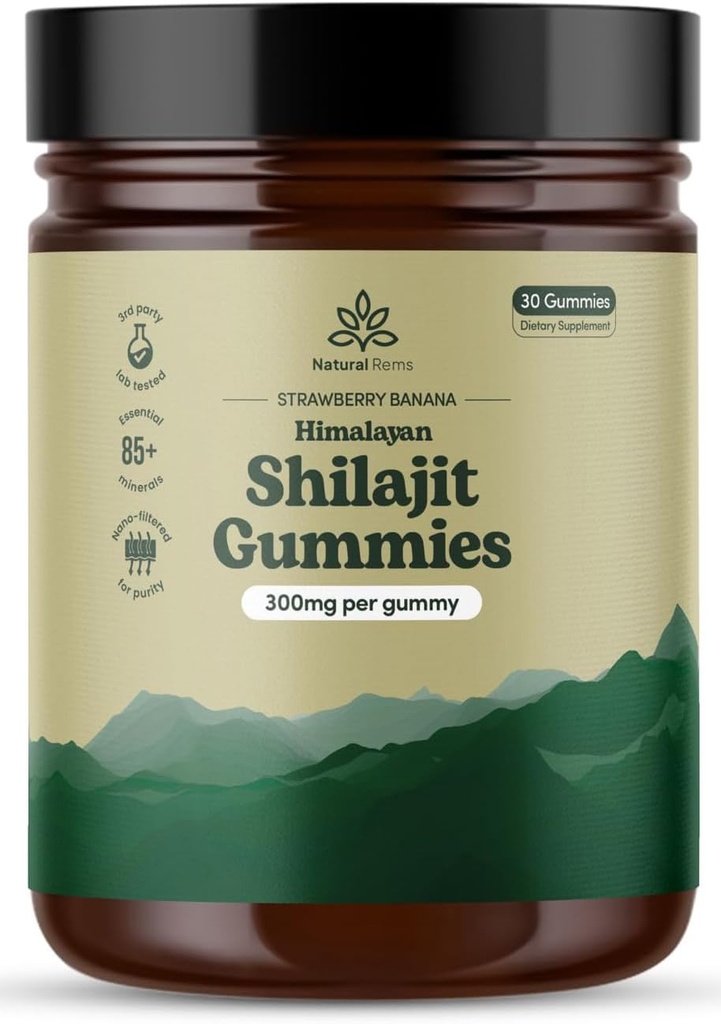 Natural Rems Organic Shilajit Gummies for Men and Women - Lab Tested - Made in USA - Pure Himalayan Organic - Fulvic Acid - Energy and Focus - holistické zdravotnické doplňky (Strawberry Banana)