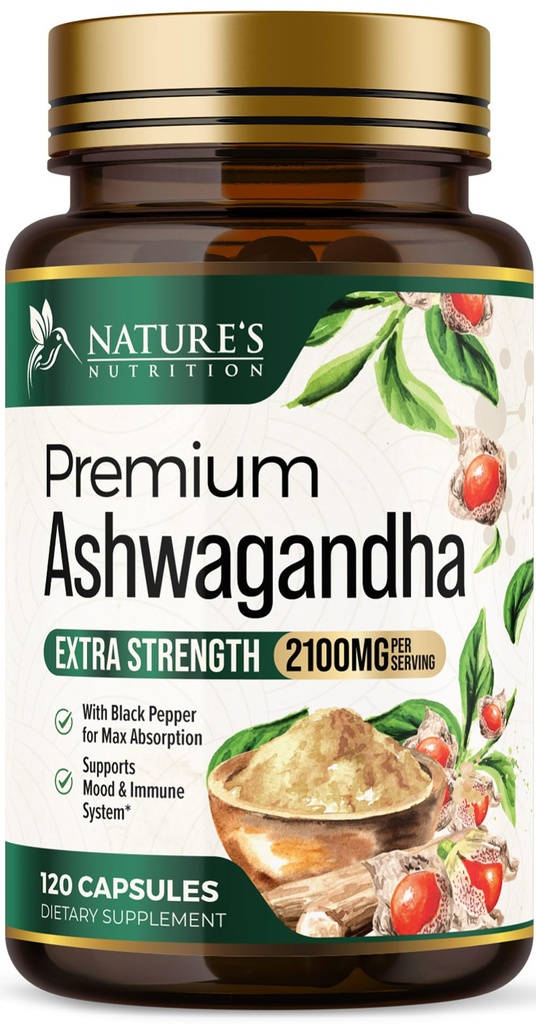 Ashwagandha doplňky - 2100mg Ashwagandha kapsle pro ženy a muže, přírodní antioxidační podpora, Ashwa Root Extract, Extra síla klidnou podporu s Black Pepper, Vegan & gluten zdarma - 120 Kapsle