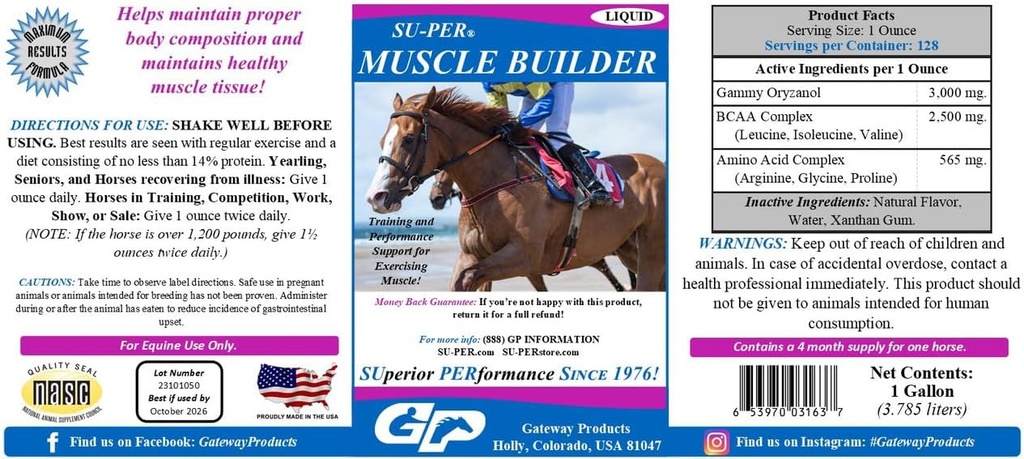 SU-PER Muscle Builder Horse Supplement - Školení a podpora výkonu pro cvičení svalů - 1 Gallon, 4 Měsíční dodávka