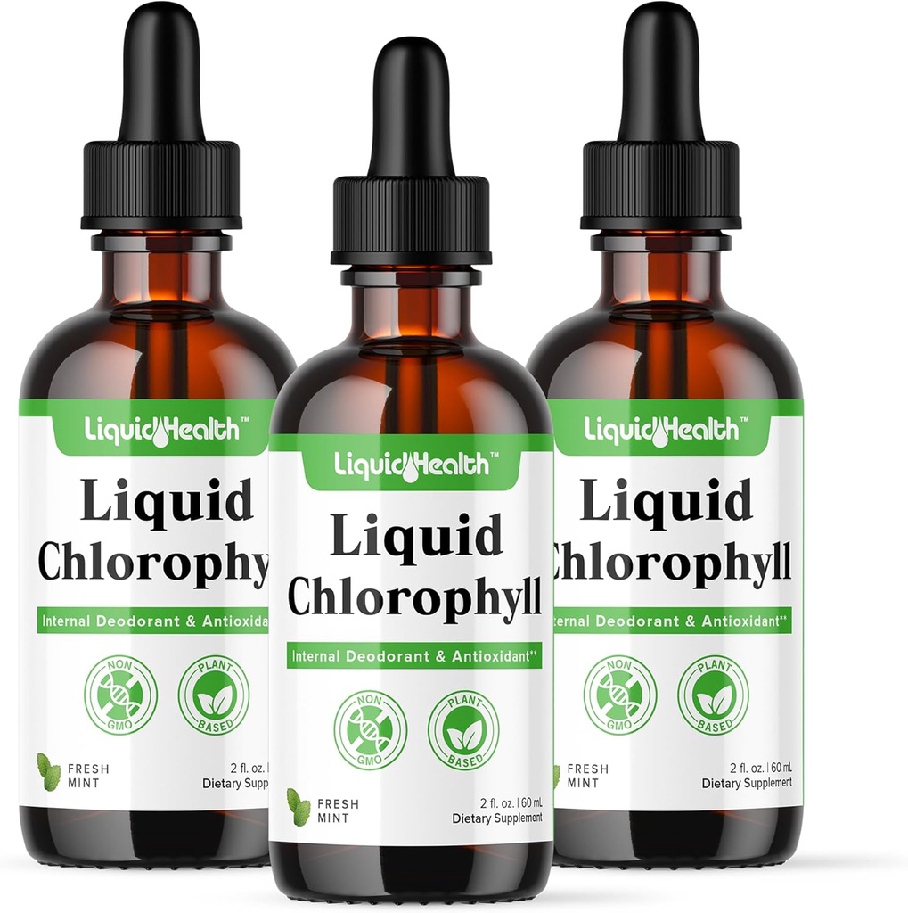 LIQUIDHELTH Liquid Chlorofyl Kapky - vnitřní deodorant, antioxidanty, jaterní detox, imunitní podpora, Relieve Bad Breath, Redukovat Appetit, Kolagen pro vlasy a kůži zdraví - Vegan, Non- GMO (3 balení)