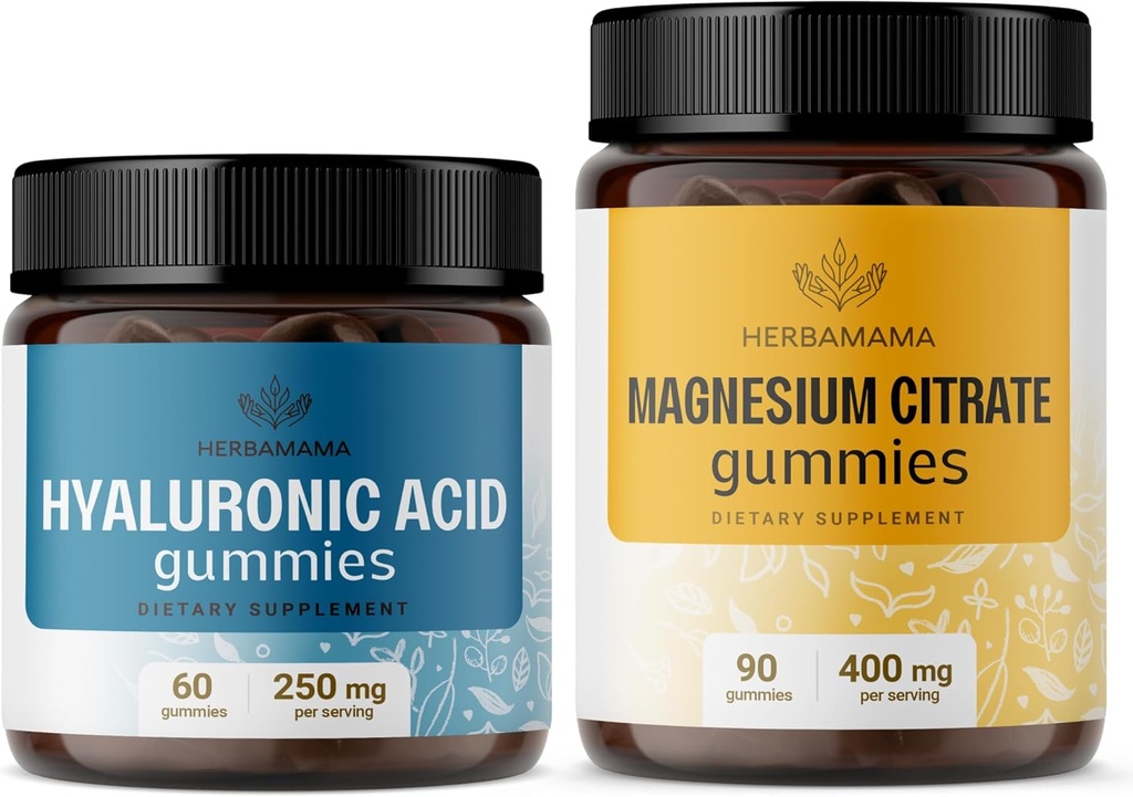 HERBAMAMA Hyaluronic Acid and Magnesium Kit - Balení 250 mg Hyaluronic Acid & 400 mg Magnesium Citrát Gumy - Vegan, Non- GMO, Gelatin- Free - 2 Pack