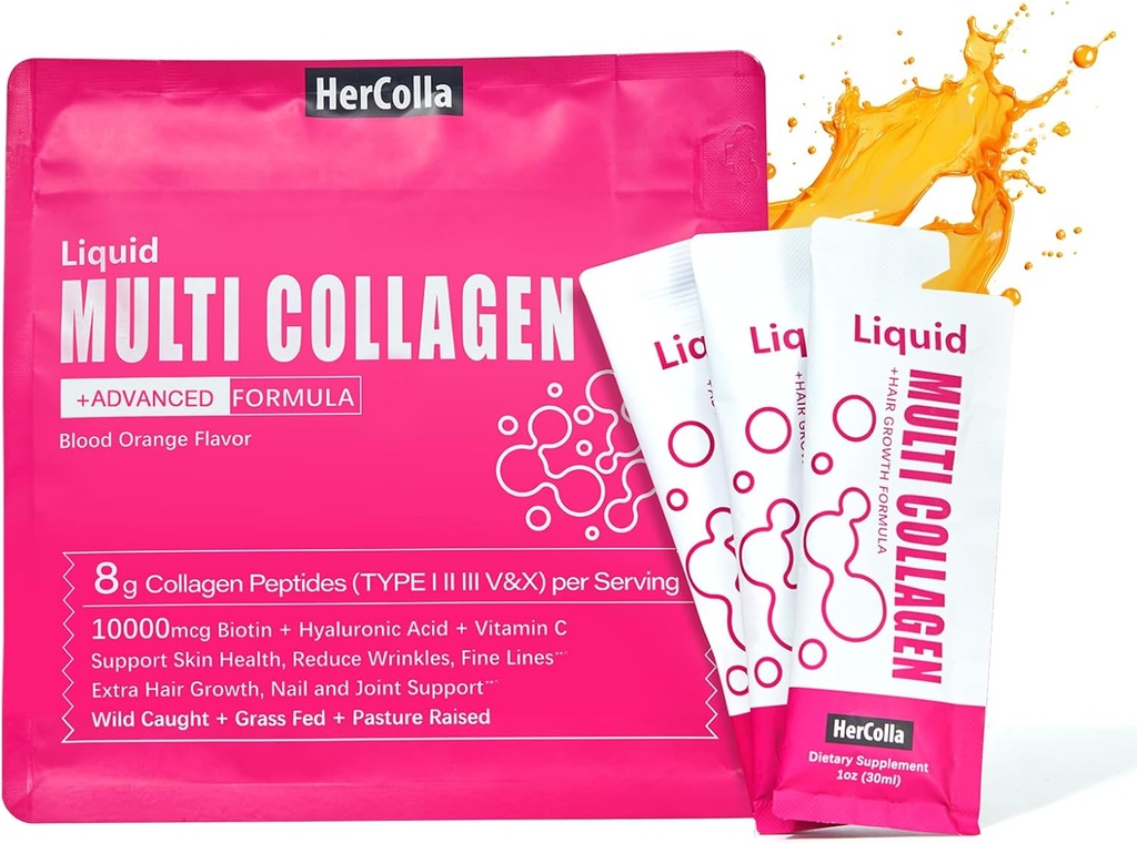 Tekutý kolagen pro ženy, 10000mcg Biotin, 8000mg Multi typ kolagen Peptidy, Hyaluronová kyselina, vitamín C, kůže, hřebík, dodatek k vlasům, Orange Flavor, 10 Fl oz. (1 balení, Orange)