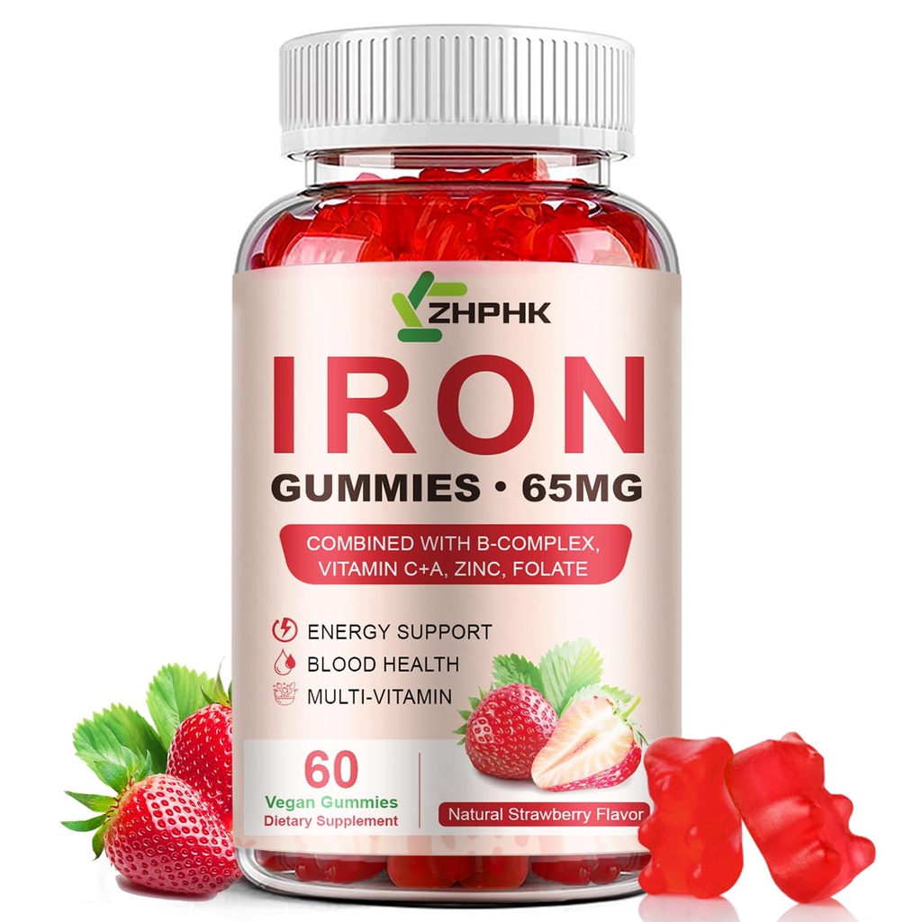 Železo doplněk žvejkačky, 65mg železa a 250mg vitaminu C pro ženy muže děti, přírodní vegan železný žlab s vitaminem A, B-komplex, biotin, zinek a folátové energie podporu a imunitní zdraví, 60 gumy