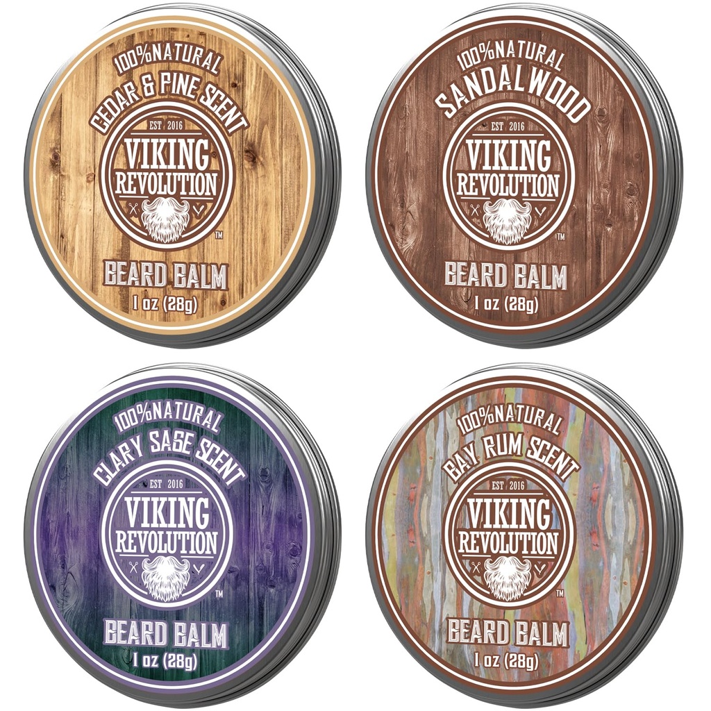 Viking Revolution 4 Beard Balm Variety Pack (1oz Each) - Sandalwood, Pine & Cedar, Bay Rum, Clary Sage - Styles, Zesiluje a Softens Beards a Mustaches - Vosk pro muže