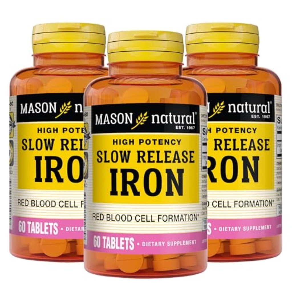Mason Natural Slow, uvolněte železo (železný sulfát) 50 mg tablety, 180 denní zásobování, vysoká potence dodatek, jemný na žaludek, 3 balení