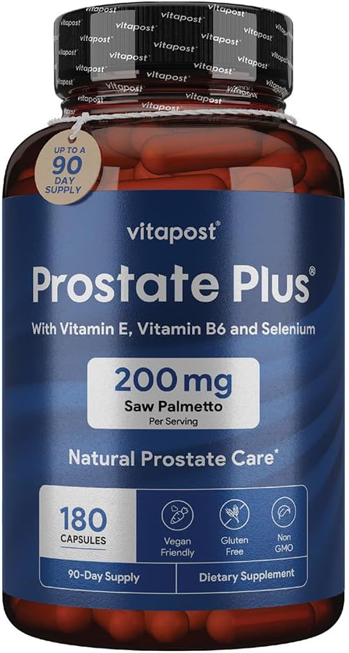 Prostate Plus Přírodní Péče o prostatu a Močové Zdraví Dodatek pro muže obohacené o Saw Palmetto, Vitamin B6, Vitamin E, Selen a zink. 180 Kapsle
