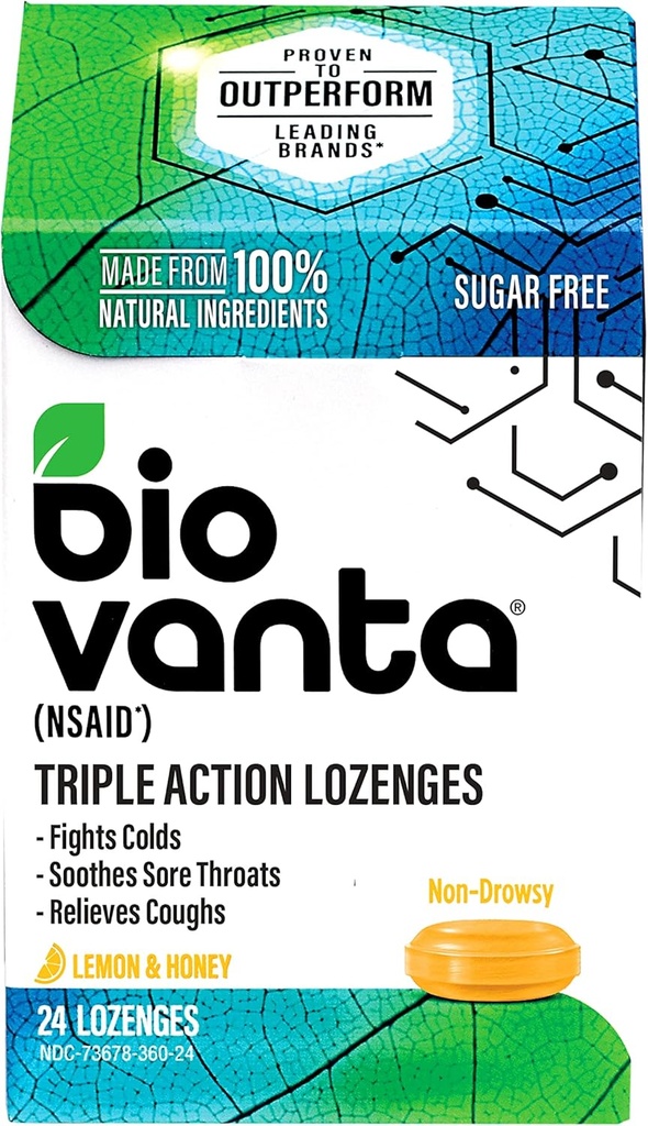 Biovanta přírodní ingredience Sugar- Free Lozenges pro kašel, studené a smutné hrdlo, 24 Lemon Honey Throat Lozenges