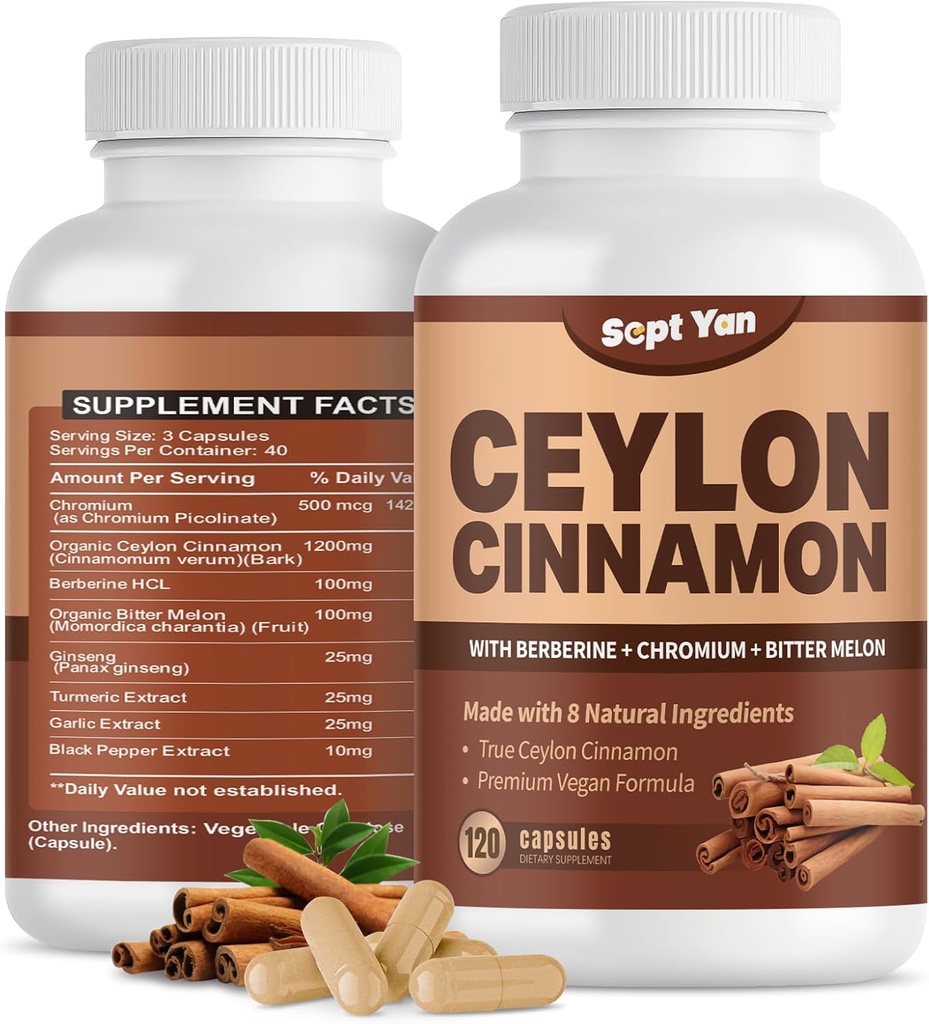 Ceylon Skořice Kapsle 1200mg Skořice Kůra Doplňky s chromem, Berberine HCL & Turmeric, Vegan, 120 Kapsle, Energie, Metabolismus, Srdce a imunitní podpora
