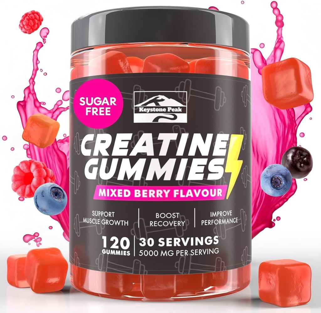 KP KCreatine Monohydrát Gummies Mixed Berry pro muže a ženy, 100% Creatine Mixed Berry Gummies, 5g na Serving + Vegan, Sugar Free, MixBerry + Síla, Energie, Muscle & Booty Gain - 120 Počet