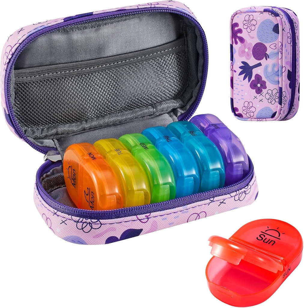 Serfeymi Weekly Travel Pill Organizér 2 Times A Day PM Upgraded Rainbow Pill Box 7 Day with Portable Zipper PU Leather Pill Case, Medicine Organizer for Pills, Vitamíny, Fish Oils - Purple 02