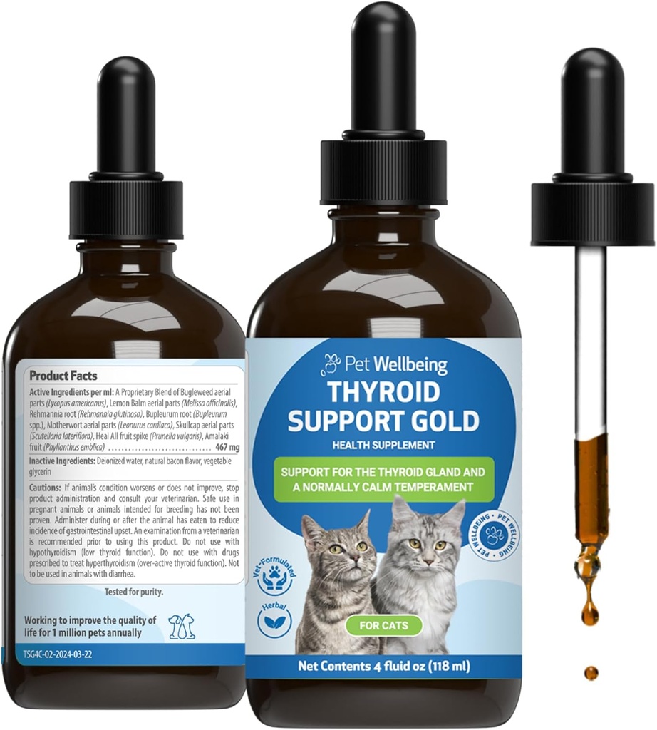Pet Wellbeing štítné žlázy Podpora Gold pro kočky - Podporuje zdravé štítné žlázy funkce v kočkách, normální metabolismus, Bugleweed, Lemon Balm - Veterinarian- aplikovaný bylinný dodatek 4 fl oz (118 ml)