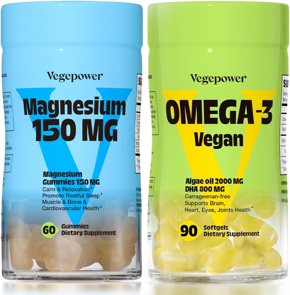 Vegan Omega33 + hořčík Gummie 124; Řasy Omega33 800mg DHA doplňky pro mozek, Heart Eyes Health - 90 Počet 124; 150mg Magnesium Citrátové gumy pro dospělé a děti klid spánku, relaxace