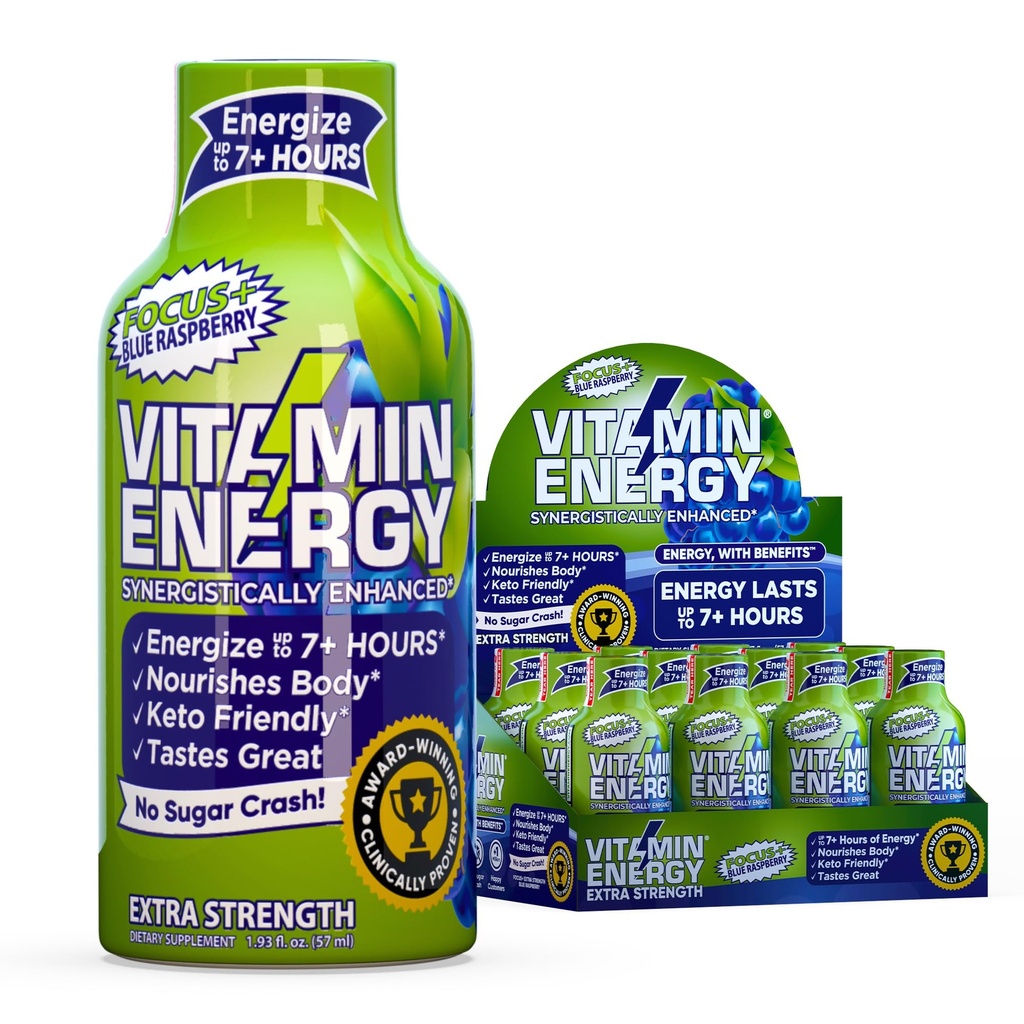 Vitamin Energy Focus + Extra Síla Energy Shot Blue Raspberry 12 Pack, 260mg přírodní kofein, B-vitaminy, CoQ10, aminokyseliny, Focus, Productivity & Clarity, Nulový cukr, gluten- Free, 1.93 fl oz
