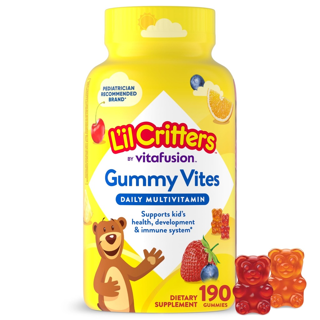 L 'il Critters Gummy Vites Daily Kids Multivitamins Agrid Fruit Flavors for ages 2 + Toddlers & Kids, Gummy Vitamin s vitamínem C a D, 95-190 Day Supply, 190 Gummies