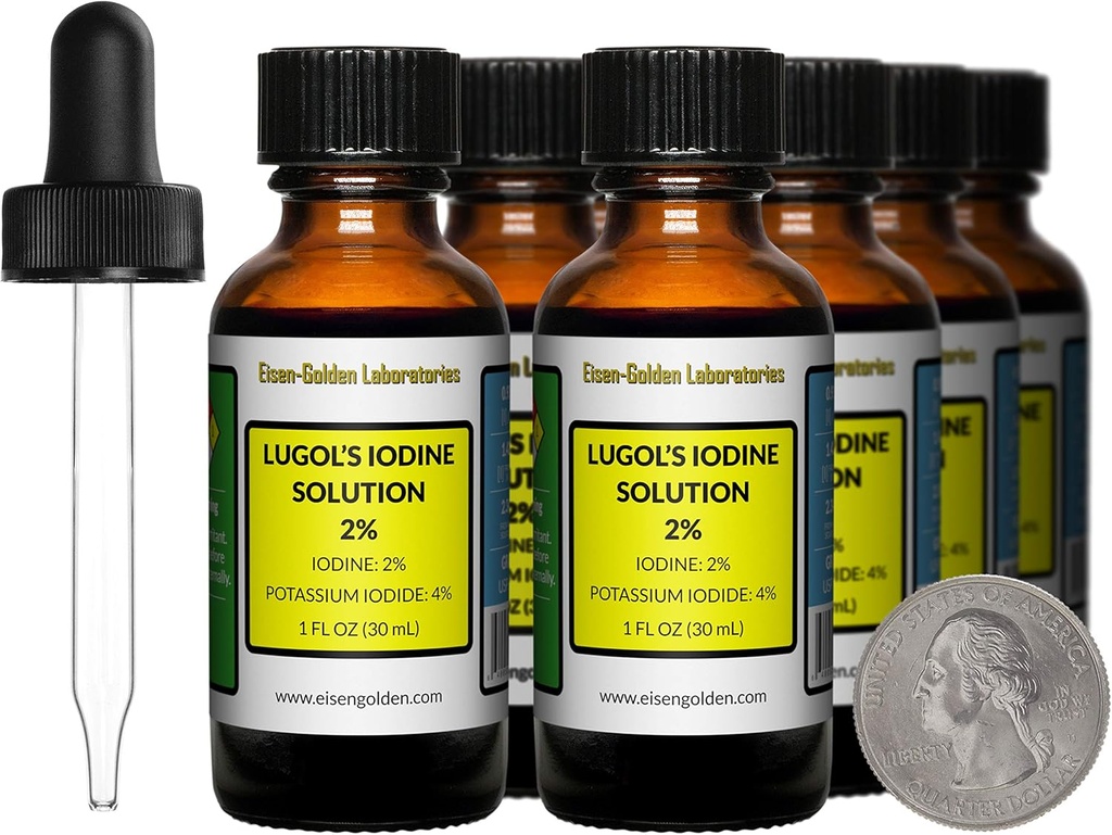 Lugol 's jód / 2% Solution / 8 Oz in Eight Amber Glass Bottles / Free Droppers