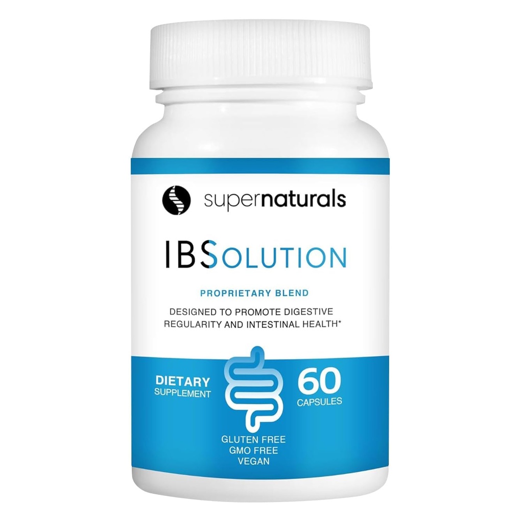 SuperNaturals IBSolution - Made in USA, Non- GMO, Gluten Free & Vegan (60 Kapsle) - Digestivní Gut doplněk zdraví s psyllium husk - plyn, floating, průjem, zácpa úleva, bolesti břicha