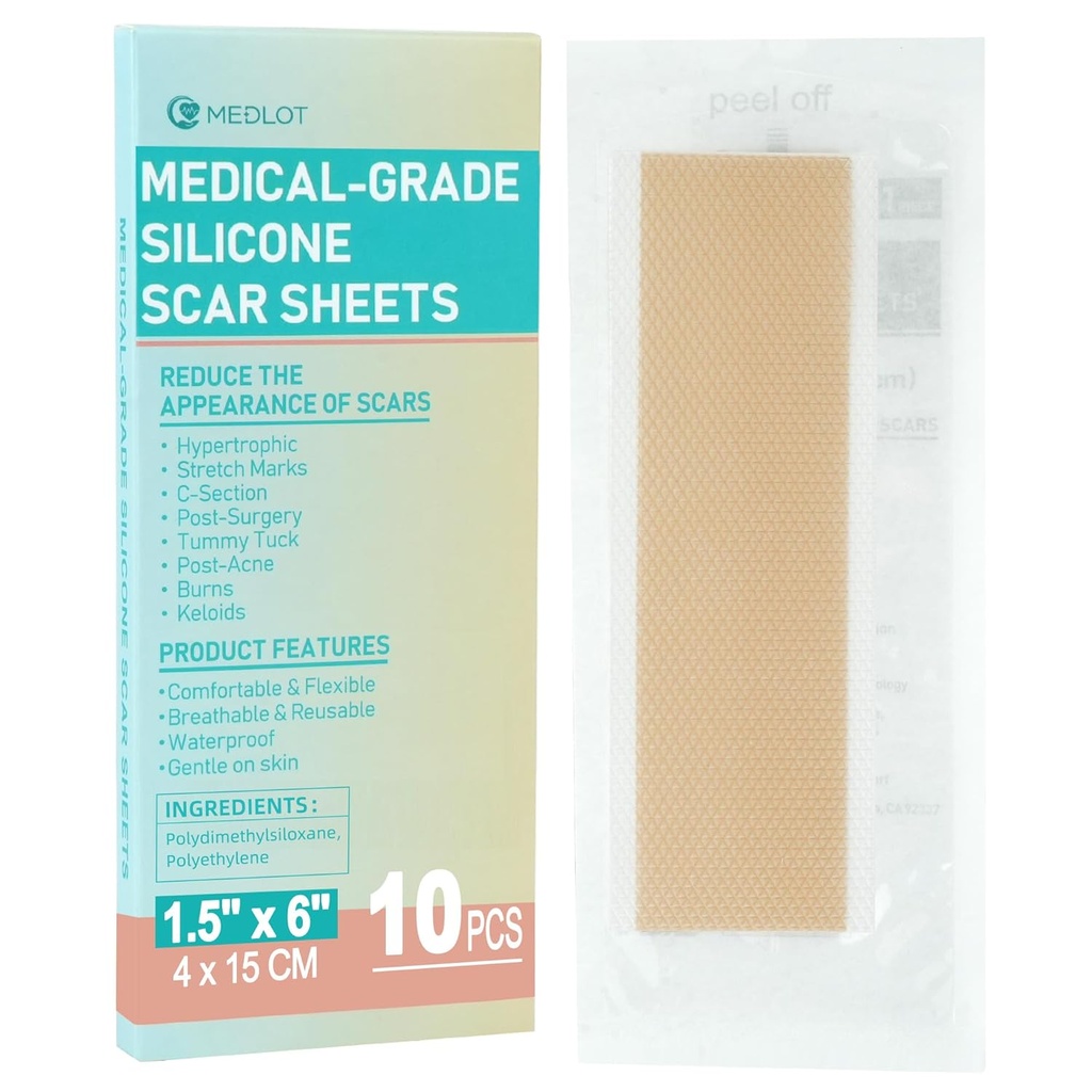 Prostěradla silikonové Jizvy, 10ks, Silikonová páska pro ošetření Jizvy, Volně použitelné Jizvové pruhy pro chirurgii, C-Section, Keloid Bump, Stretch Marks, Burn, Acne Scar Removal, Each 1.5 "x 6"