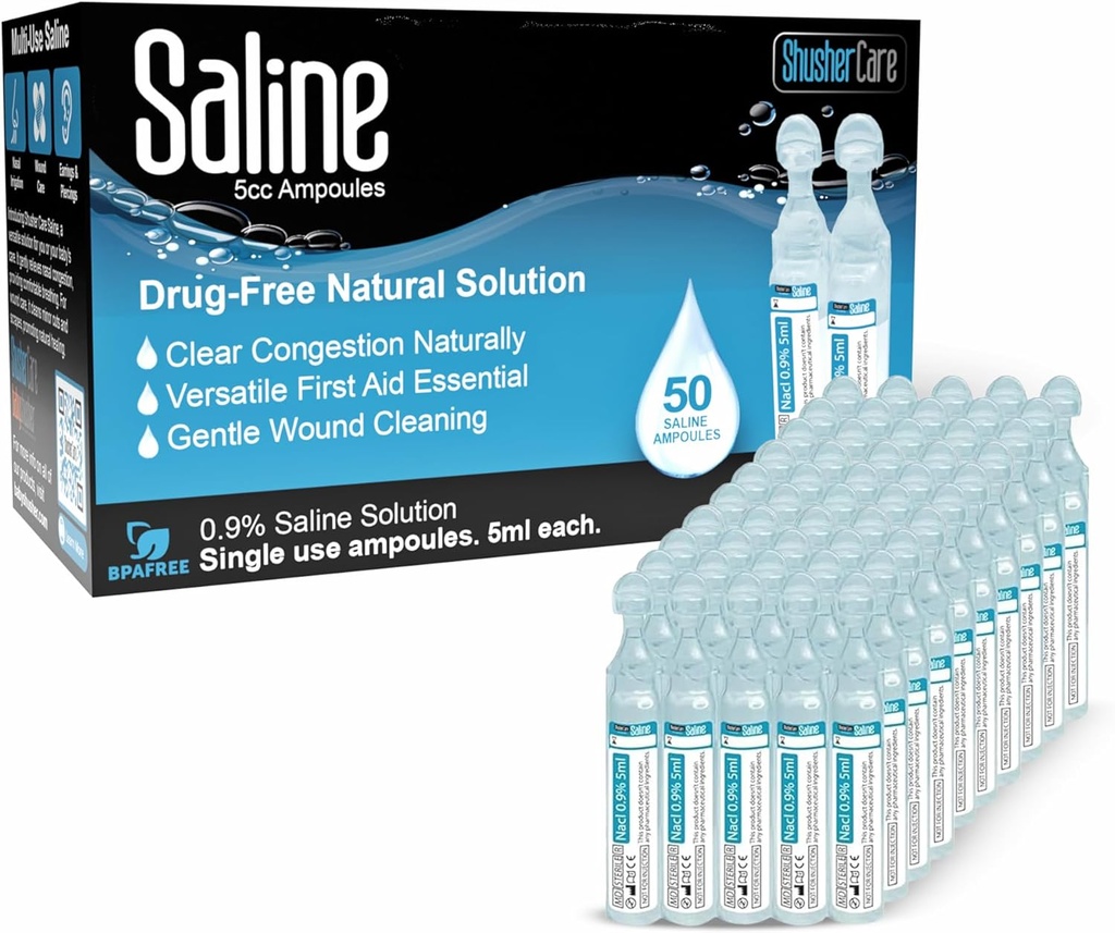 Saline Ampoules - Saline Solution for Nebulizer, Chlorid sodný 0, 9%, Nasal Cleanse for Babies, Kids, & Dospělí, Sterilní Nasal Care, Wound Cleansing - 50 Počet (5 ml každý)