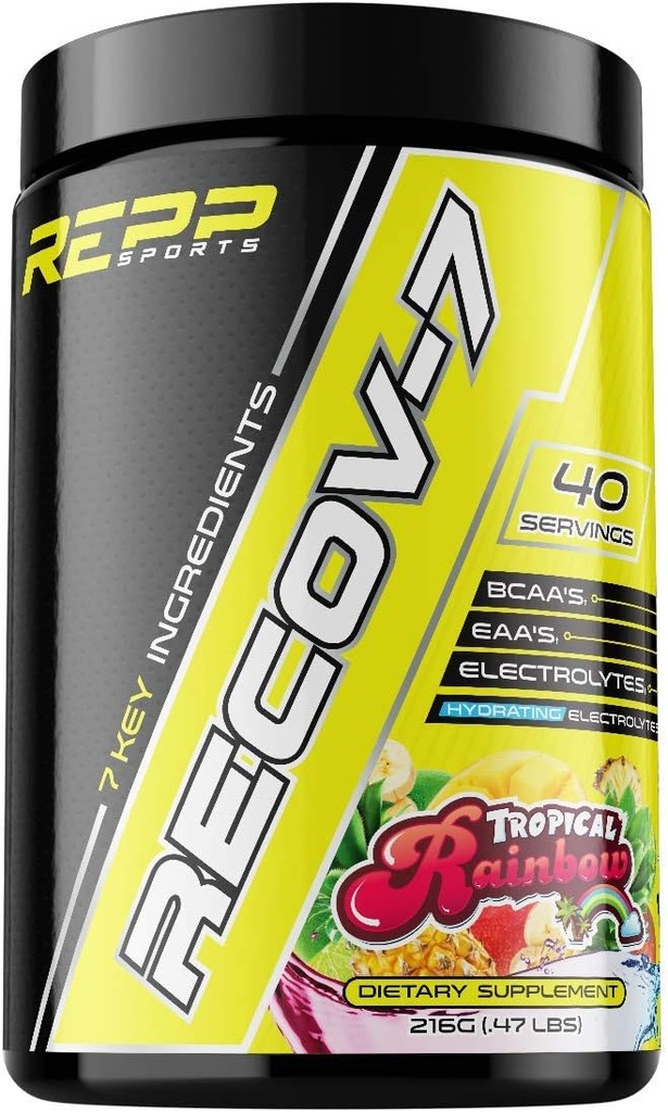 REPP Sports Recovov-7 Full Spectrum EAA a BCAA IR 124; Advanced Recovery and Glycogen Replenition for Intra- Workout (Tropical Rainbow, 40 Servings (216g))