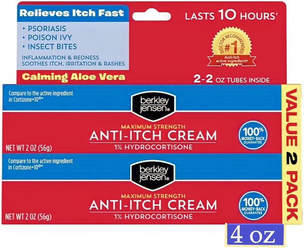 Berkley Jensen Maximální síla Anti- Itch Cream (4 oz.), s Calming Aloe Vera, 1% Hydrokortizon Itch Relief pro Eczém, Psoriáza, Bug Bites, Poison Ivy, Oak a Sumac, 2 oz. Trubička (balení po 2)