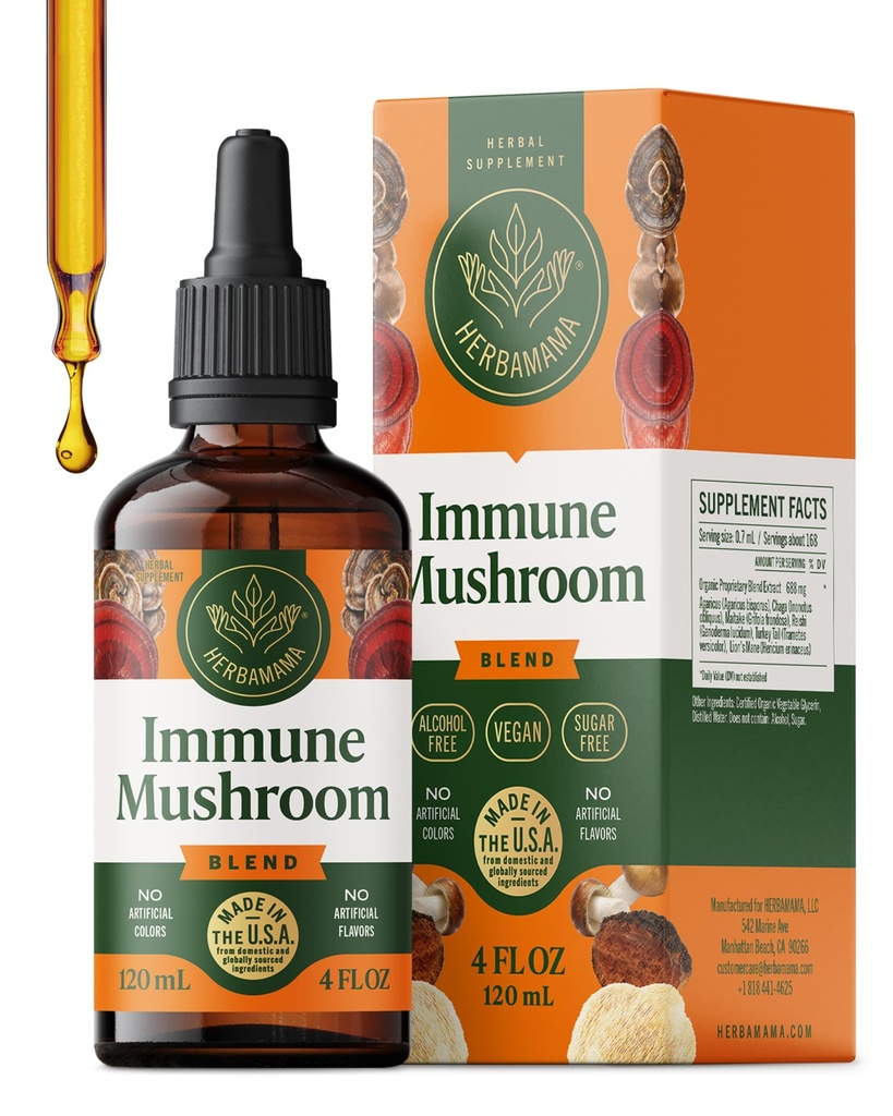 HERBAMAMA Super Imunitní Houbový dodatek - Vegan 8-Houbový komplex Směs s Reishi, Lion 's Mane, Cordyceps & Chaga Extract - Non- GMO, Alcohol- Free, Sugar- Free Imunity Drops, 56-Day Supply