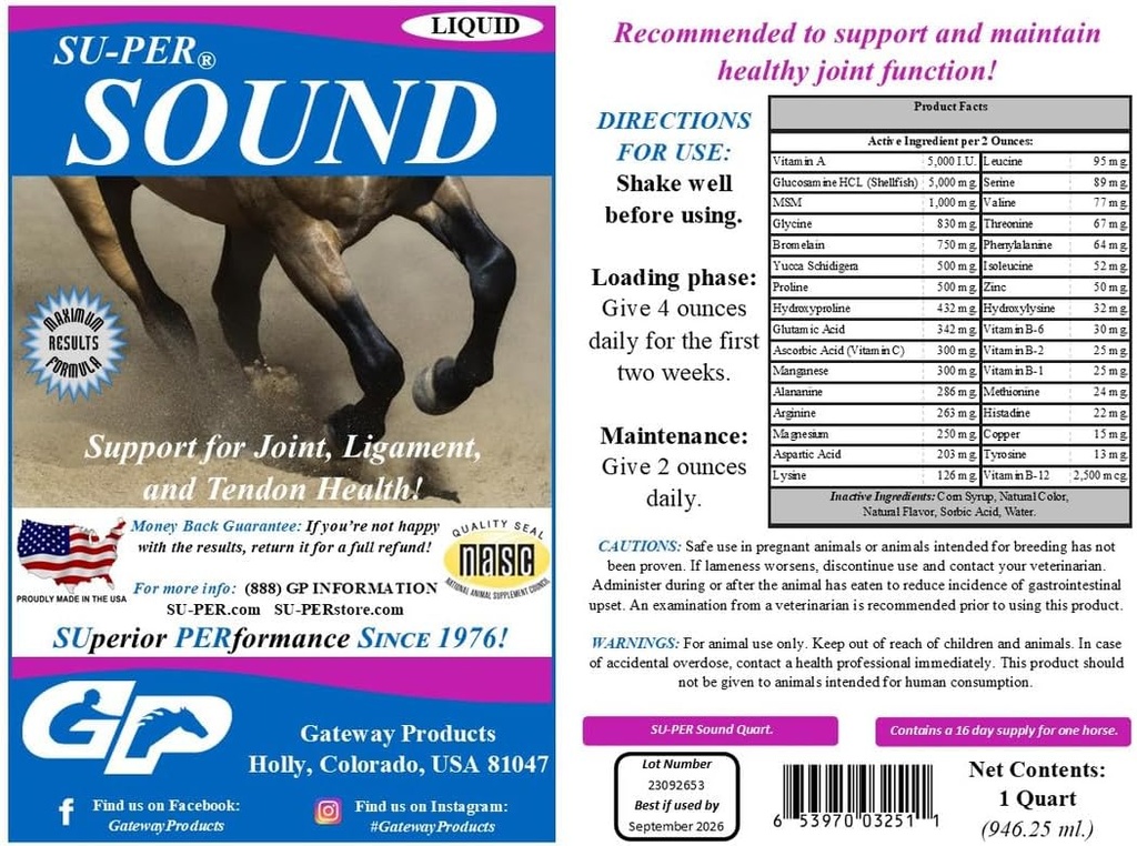 SU-PER Sound Joint Horse Supplement - Podpora pro kloubní, smyčcové a Tendonské zdraví - Koňské vitamíny a minerály, Glucosamine, MSM, Bromelain, Aminokyseliny, Lysin - 1 kvart, (2 balení)
