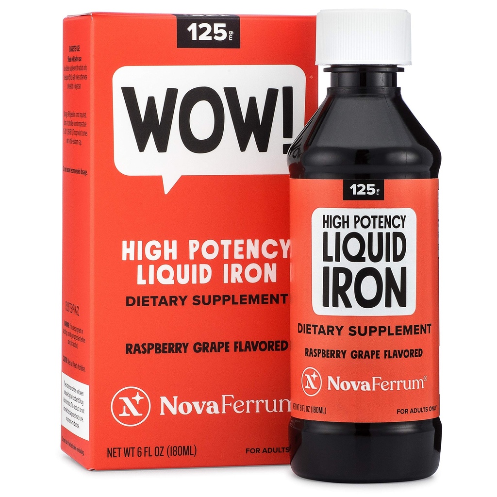 NovaFerrum Wow, 125 High potency Liquid Iron Supplement pro dospělé, Nedostatek železa, 125mg železa per 5ml Dávka, Vegan ověřený, gluten zdarma Certified, cukr zdarma