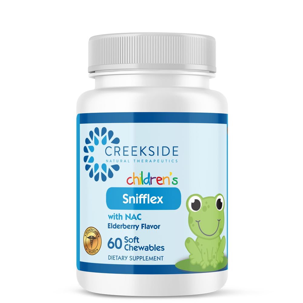 Creekside Naturals Snifflex, Children 's Sinus & Respirační podpora, Elderberry pro imunitní zdraví, Pediatr Procested with NAC, Quercetin & Bromelain, Nulový cukr, Vegan, 60 Soft Chewables