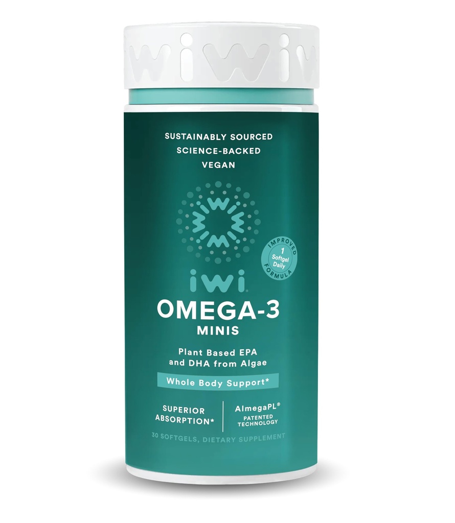 Iwi Omega33 Mini Softgels (30 Servings), Snadno polykat, Plant- based Algae Omega 3 s EPA + DHA, Whole- Body Support Dieter Dodatek, Krill & Fish Oil Alternative, No Fishy After taste