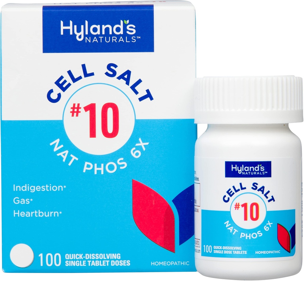 Hyland je No.10 Cell Salt NAT Phos 6X Tablety, Přírodní Úleva od srdce, plyn, a požití, Rychlé rozpuštění tablety, 100 Počet