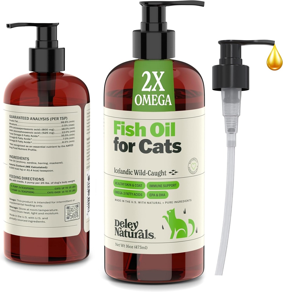Deley Naturals Wild Caught Fish Oil pro kočky s 2X Omega - Cat Fish Oil s nejvyšší potenciálem EPA & DHA - Omega 3 pro kočky pro vypouštění, kůži, kabát, sponky, srdce a imunitní systém - Made in USA