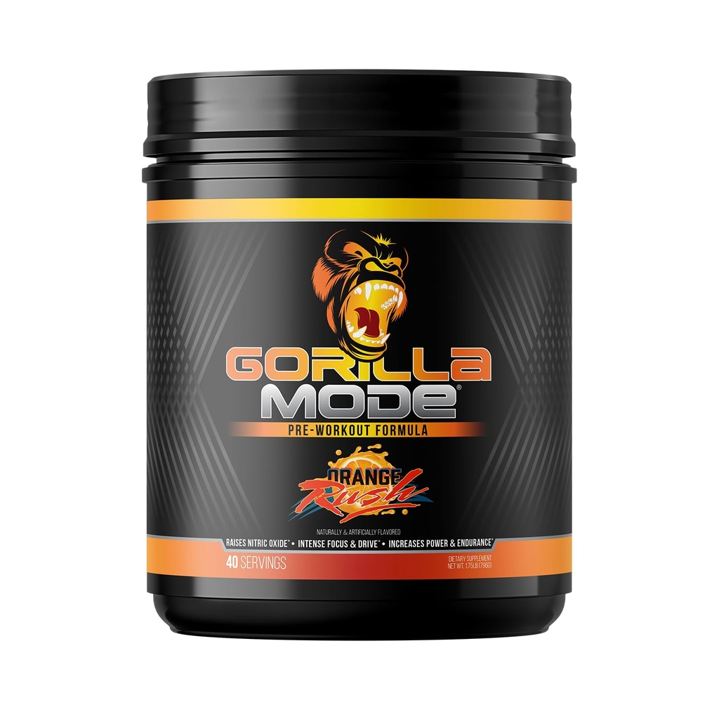 Gorilla Mind Pre Workout - Masivní čerpadla Laser Focus Energy Power - L- Citrulline, Creatine, L- Tyrosin, Betaine, Hydroprime, Alpha- GPC, 400mg Caffeine, Huperzine A - 796g (Orange Rush)