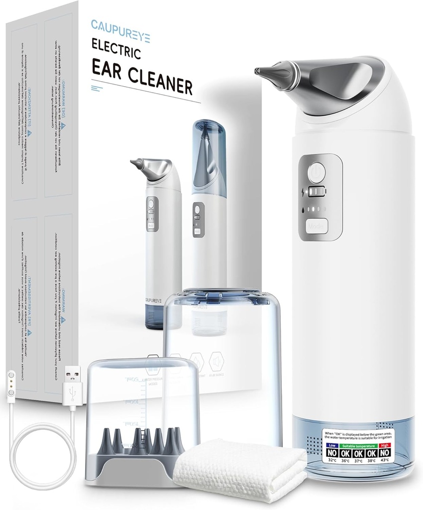 Odstranění uší Kit, 360 ° Elektrický čistič uší, Čisticí Kit uší se 4 režimy tlaku vody, Odstranění ušního vosku Kit pro bezpečný systém splachování uší w / 8 Zavlažování Tipy, Nízký hluk, IP65 Vodotěsný