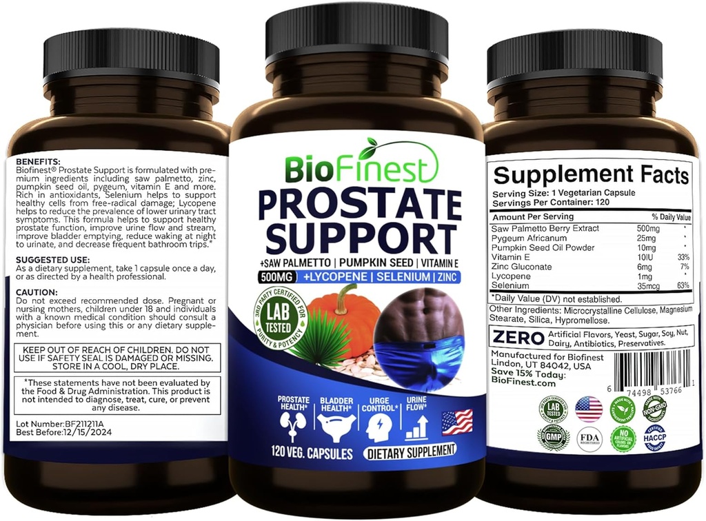 BioFinest Prostate Podpora pro muže - Saw Palmetto Lycopene Dýňová semeno Pygeum zink Selen - Zdravý moč močový měchýř Prostate vitamin dodatek - Vyrobeno v USA (120 Veg. Kapsle)