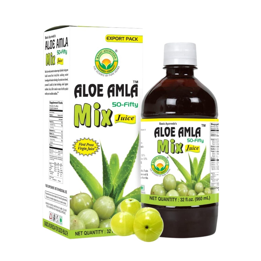 Základní Ayurveda Aloe Amla Mix Juice 124; Směs Aloe Vera & Amla Fruit 124; First Press Virgin Juice 124; Plant- Based Daily Drink 124; Vegan & Non- GMO Juice 124; 32.46 Fl Oz (960ml)