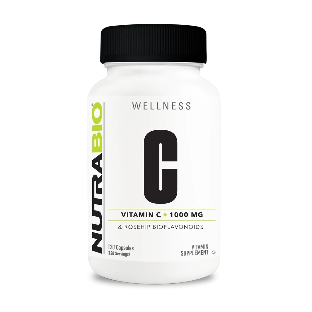 NutraBio Vitamin C s Rose HIPS - podporuje zdravé kosti, zuby a dásně, imunitní funkce - žádné plnidla nebo pomocné látky - (120 kapslí, 1000mg vitaminu C na kapslí)