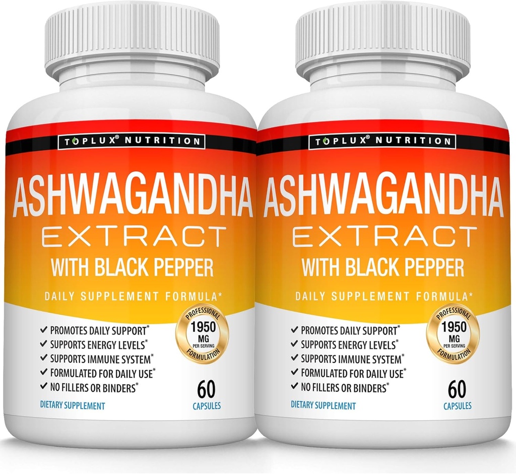 Organické Ashwagandha Root Powder Pills 1950 Mg s Black Pepper Extract - čistý přírodní Ashwagandha dodatek, podpůrná energie, pro muže ženy, 60 Kapsle