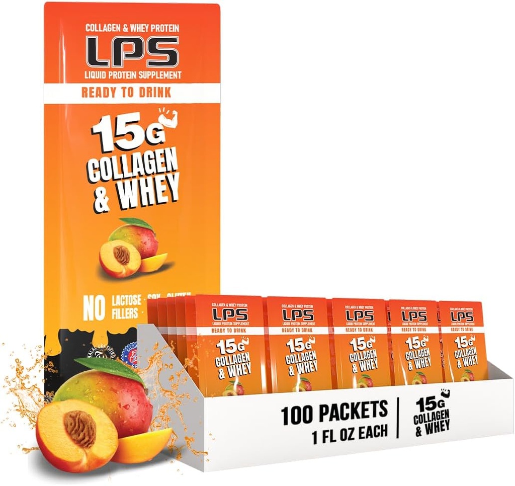 Nutriční vzory LPS tekutý kolagen & syrovátka doplněk - Non- GMO nápoj, Sugar- Free - Podporuje zdravou pleť & vlasy pro muže a ženy, Peach Mango, Single Serve (100 Packets)