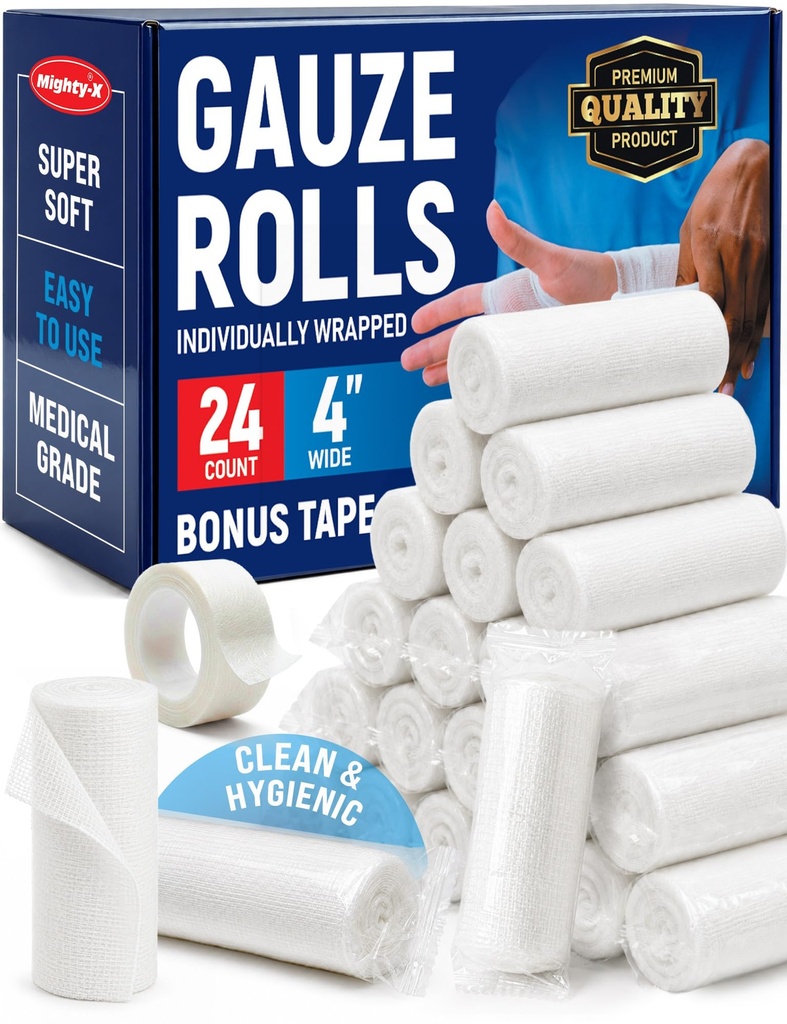 Gauze Rolls - 24 Pack - 4 "x 4.1yd Dýchací váleček - Individuálně zabalený s Bonus Tape - První pomoc konforming Stretch Wrap for Wounds - Mumie Wrap