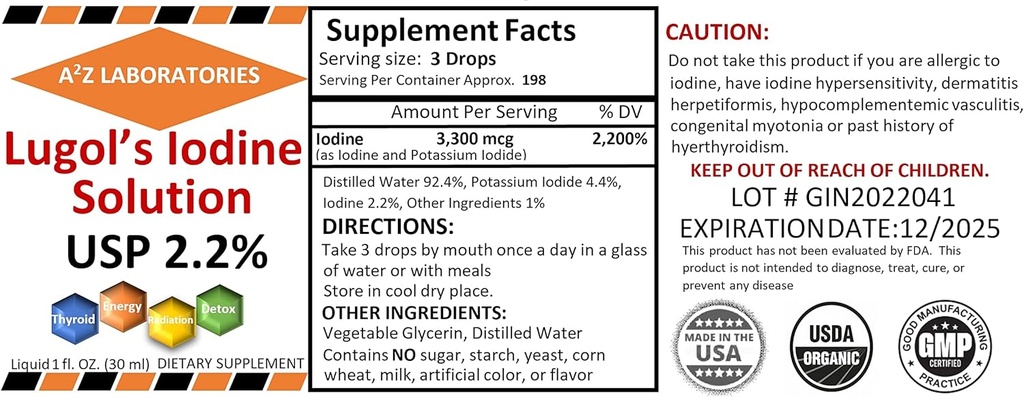 Generický A2Z Organic Lugol 's jód and Draslík Iodide 2.0% Solution, 1 Fl Oz - Liquid Supplement Kapky pro podporu štítné žlázy, Detox, Metabolismus, Made in USA