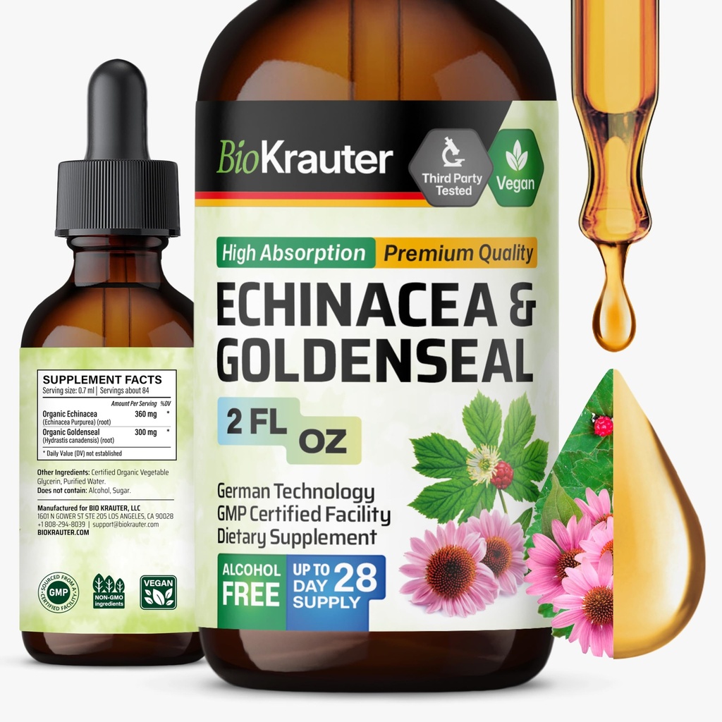 BIO KRAUTER Echinacea and Goldenseal Root Liquid Extract - Natural Immunication Support - Echinacea Drops with Goldenseal - Vegan, Alkohol & Cukr zdarma tinktura - 2 Fl.Oz.