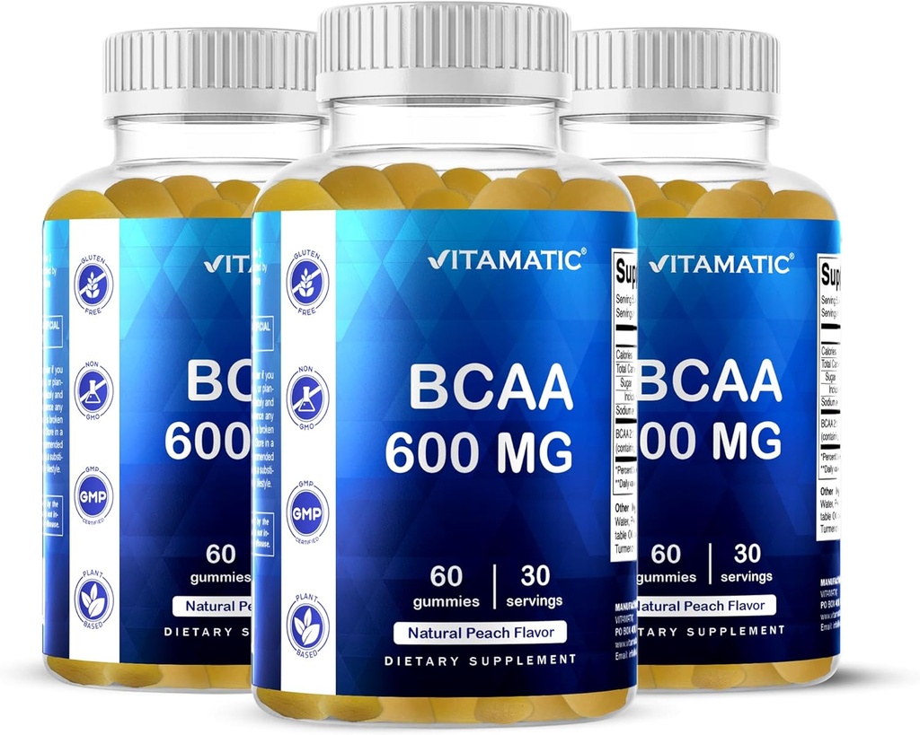 Vitamatic BCAA Gummies - Aminokyseliny z řetízkového řetězce - Peach Flavor - 600mg na jednu porci - 60 Vegan Pectin Based Gummies (3 lahve)
