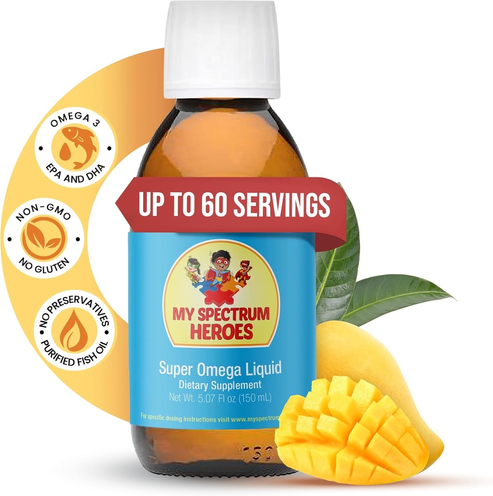 My Spectrum Heroes Fish Oil Supplement for Children - Omega 3 for Neural Assistance, Zánět a imunitní pomoc - EPA & DHA for Brain & Eye Health - Kids & Adult Liquid Supplement - 5.07oz (150ml)