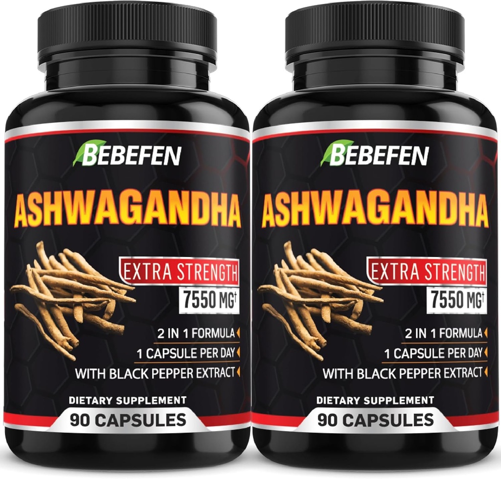 BETHEN Ashwagandha Kapsle - 7550mg Formule pilulky s Black Pepper Extract - 90 Kapsle Ashwagandha Dodatek pro podporu energie - 3 Měsíční dodávky (Balení po 2)